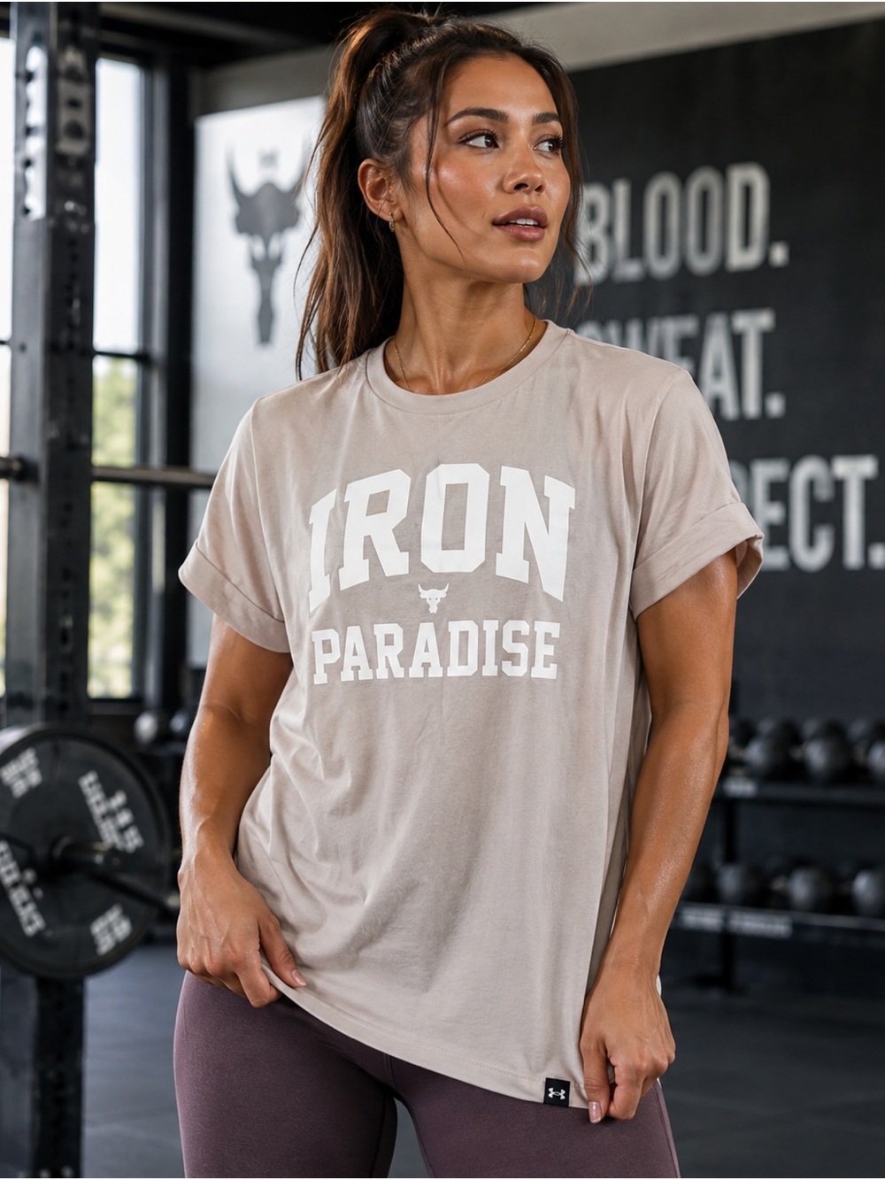 Project Rock Under Armour Iron Paradise Women’s Large T-Shirt Stone Taupe NWT